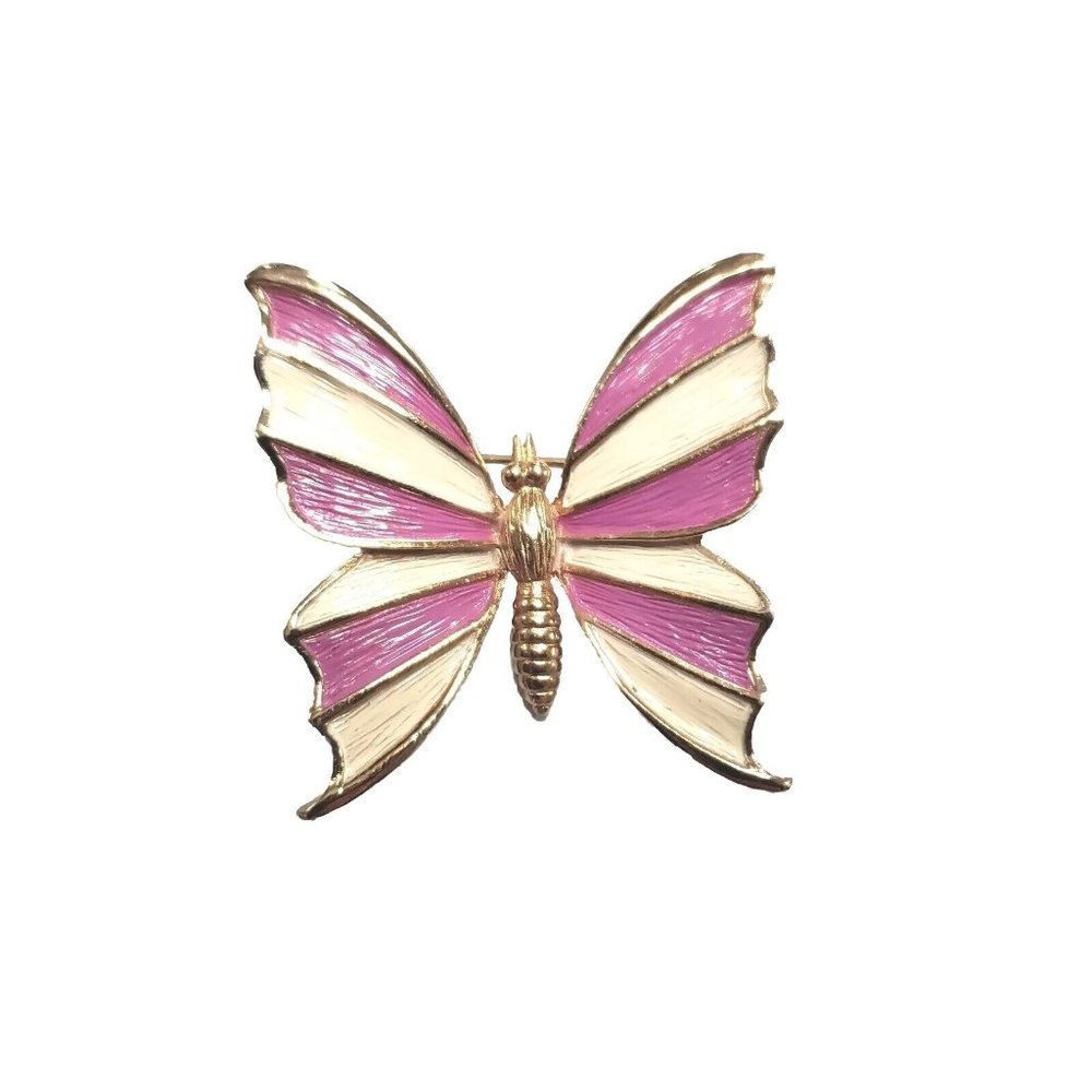 Vintage 1970s NAPIER Butterfly Pin Enamel Lavender Cream Gold Tone Retro 1 3/8"